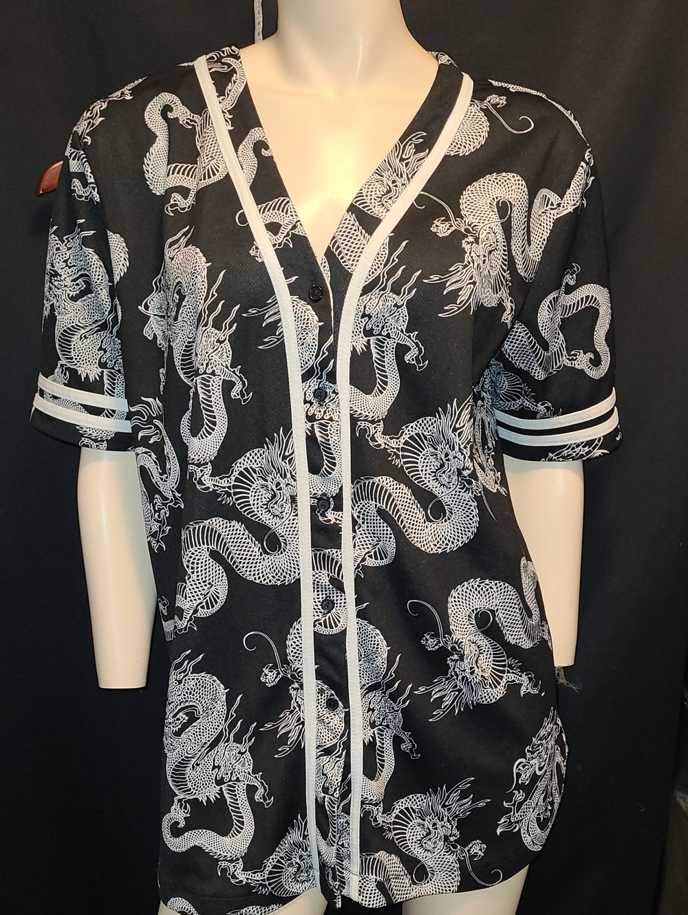 Black & White Dragon Baseball Jersey Style  Button-Up Shirt Size L